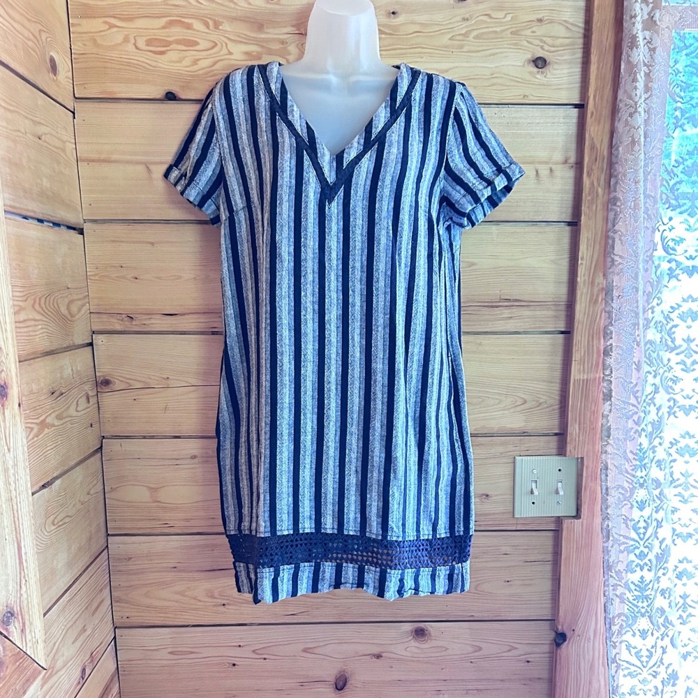 Linen Striped Shift Dress Size‎ 14 Petite Blue Coastal Crochet Next Resort Lagen